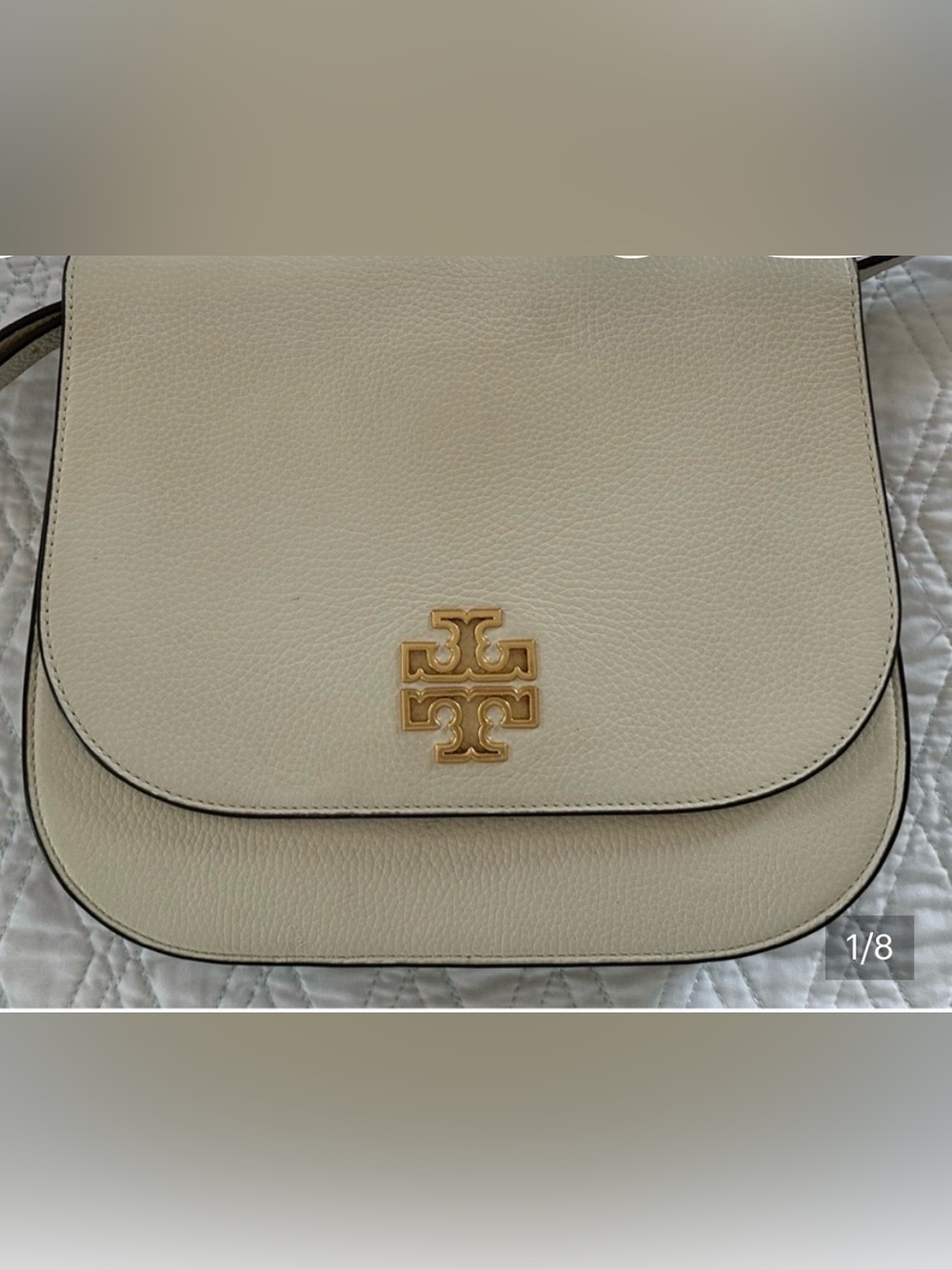 Tory Burch Cream Pebbled Leather Crossbody with Gold Logo